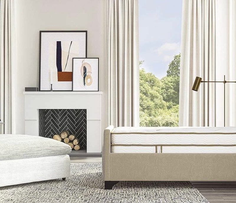 saatva latex hybrid mattress in a bright bedroom