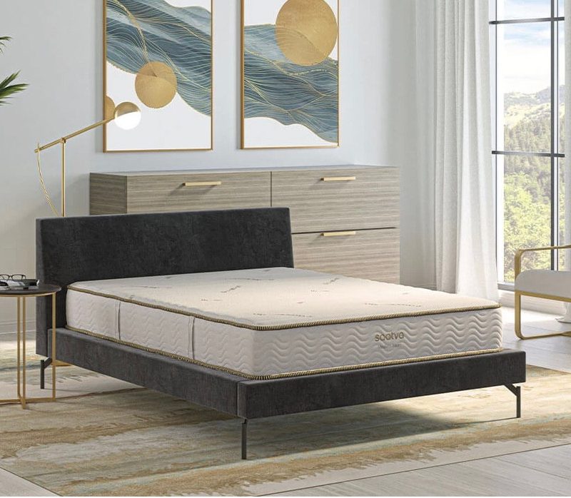 saatva modern foam mattress in a chic modern bedroom