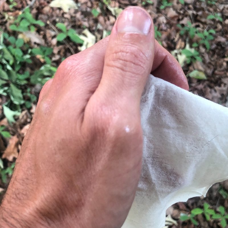 Oil residue from STEM mosquito repellent wipe
