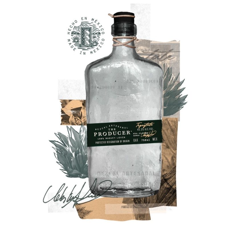 A bottle of The Producer's Tepeztate accented by agave plants.