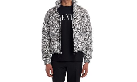 Valentino puffer jacket with a black and white leopard pattern.