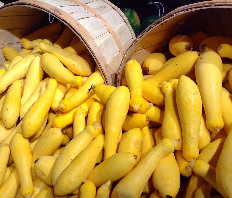 Yellow squash in baskets at the market