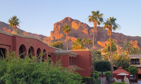 A view of Camelback Mountain at sunrise from the Omni Scottsdale Resort and Spa at Montelucia