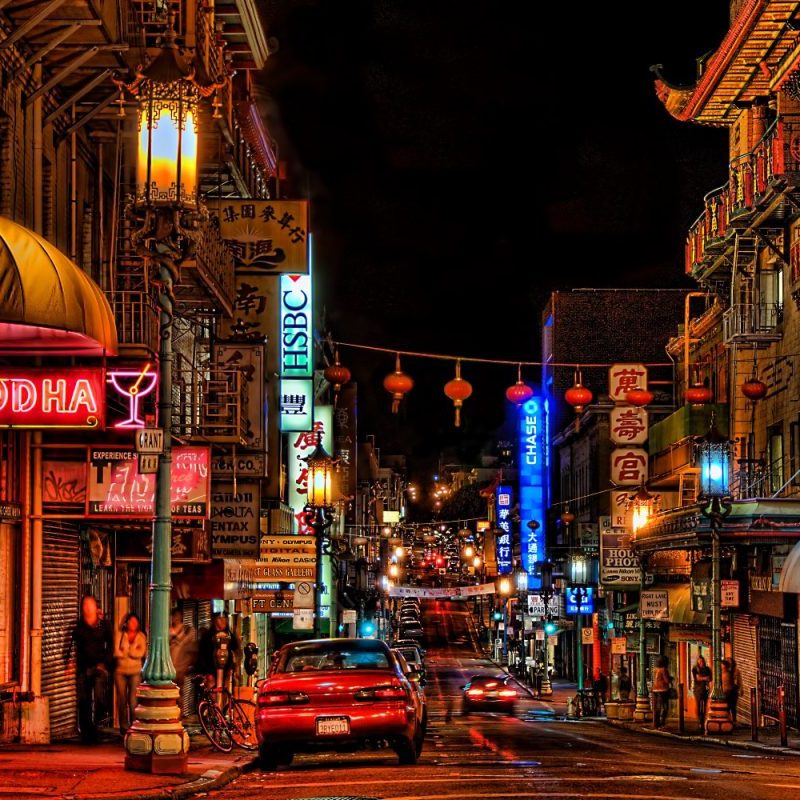 A nighttime view of Chinatown in San Francisco.