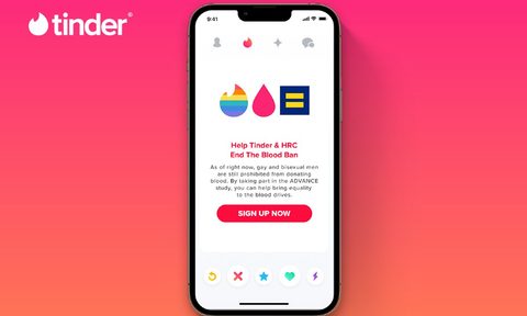A call to action on the Tinder app to end the Blood Ban in partnership with the Human Rights Campaign