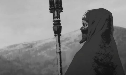 A robed and hooded figure wields judgement with an anime staff in Star Wars Visions