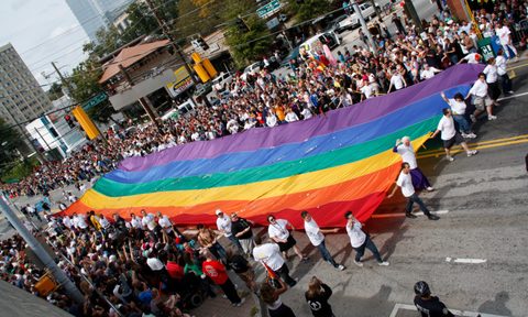 An aerial view of the Atlanta Pride Parade