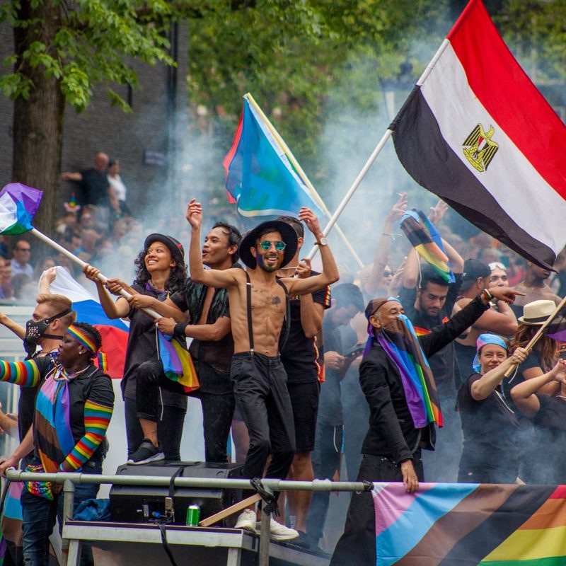 A view of the 2019 LGBT+ Amsterdam Pride Canal Parade on Korte Prinsengracht, Amsterdam, the Netherlands