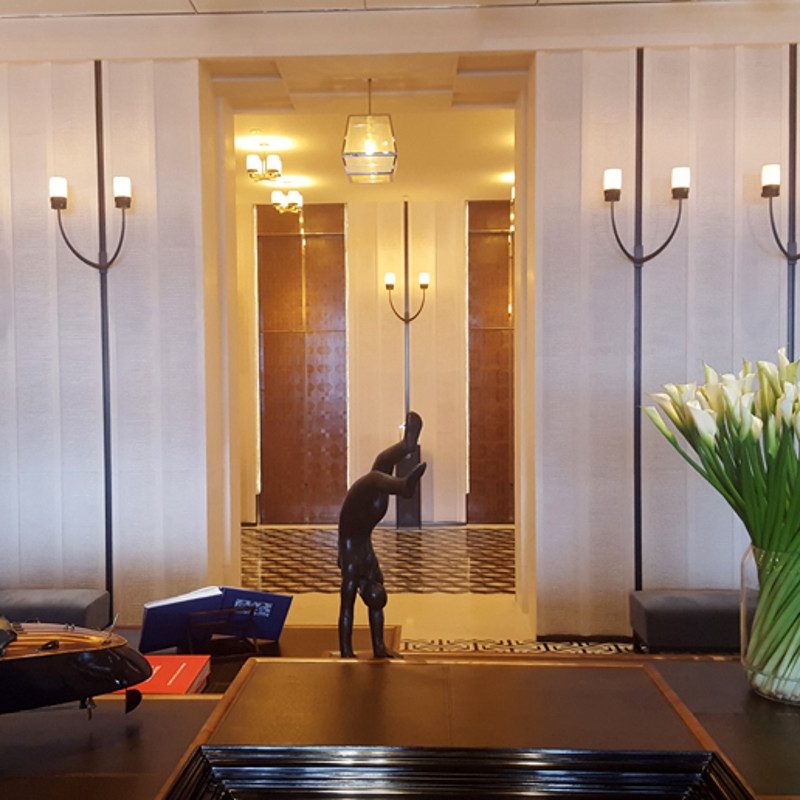 Art adorns the lobby at the Rosewood Hotel, Hong Kong