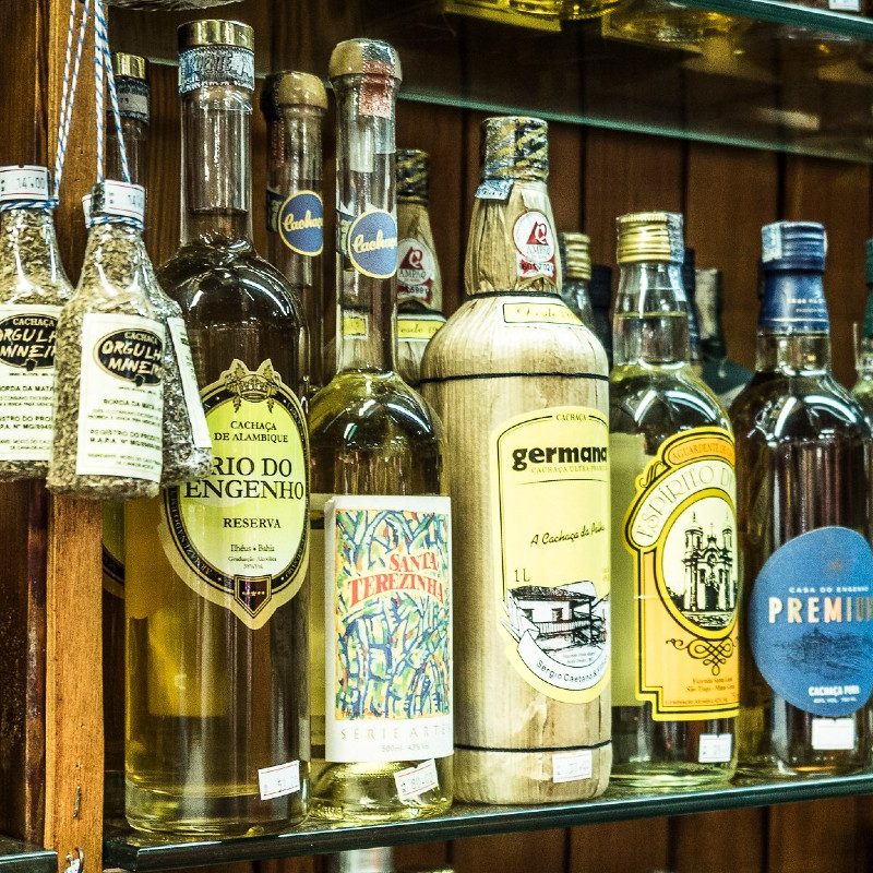 Brands of cachaça at a Cachaçaria in São Paulo's public market