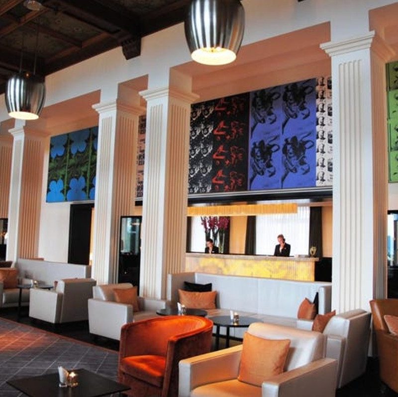An art-decorated lobby at the Dolder Grand Zurich