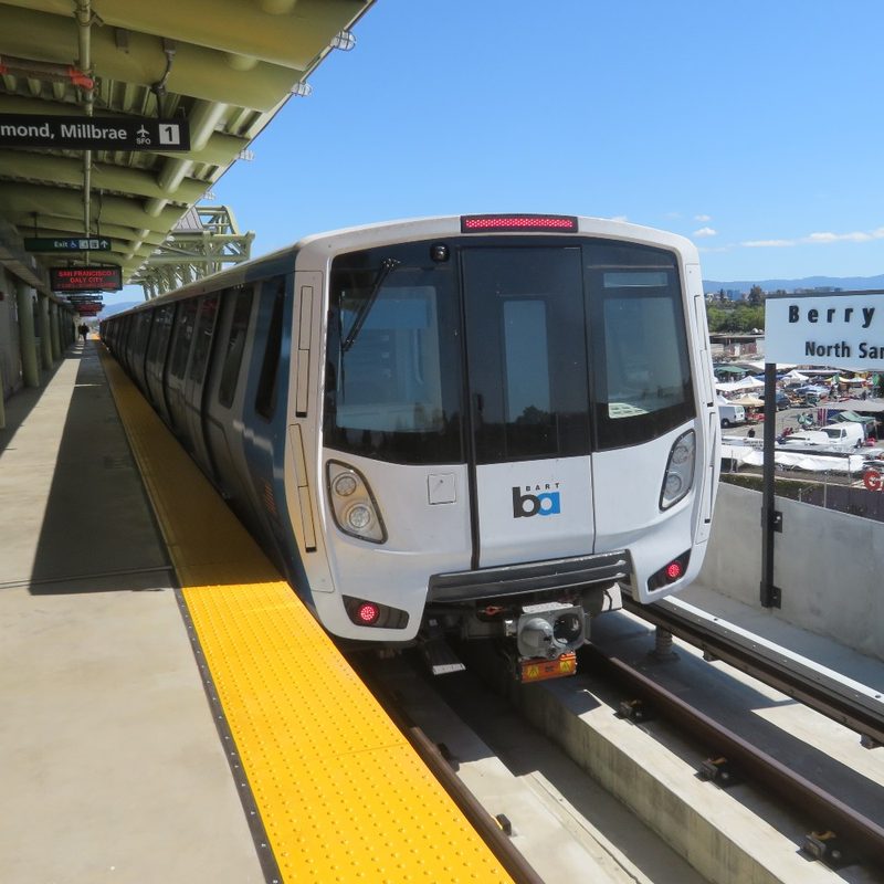 A Daly City-bound (Green Line) train at Berryessa/North San José station on the first day of service in June 2020.
