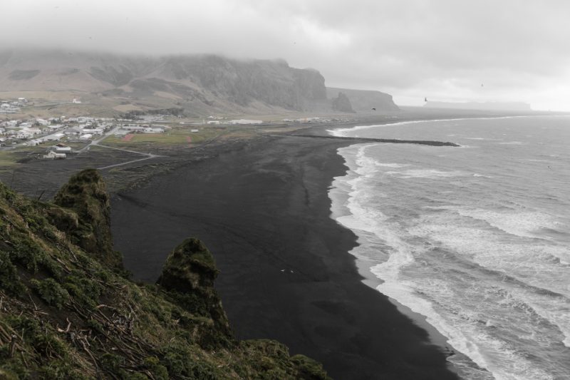 High view of an empty black sand beach in Iceland.