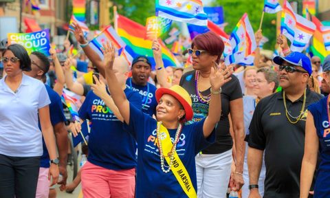 Lori Lightfoot, the first openly LGBT mayor of Chicago, marching in the 2019 Chicago Pride Parade