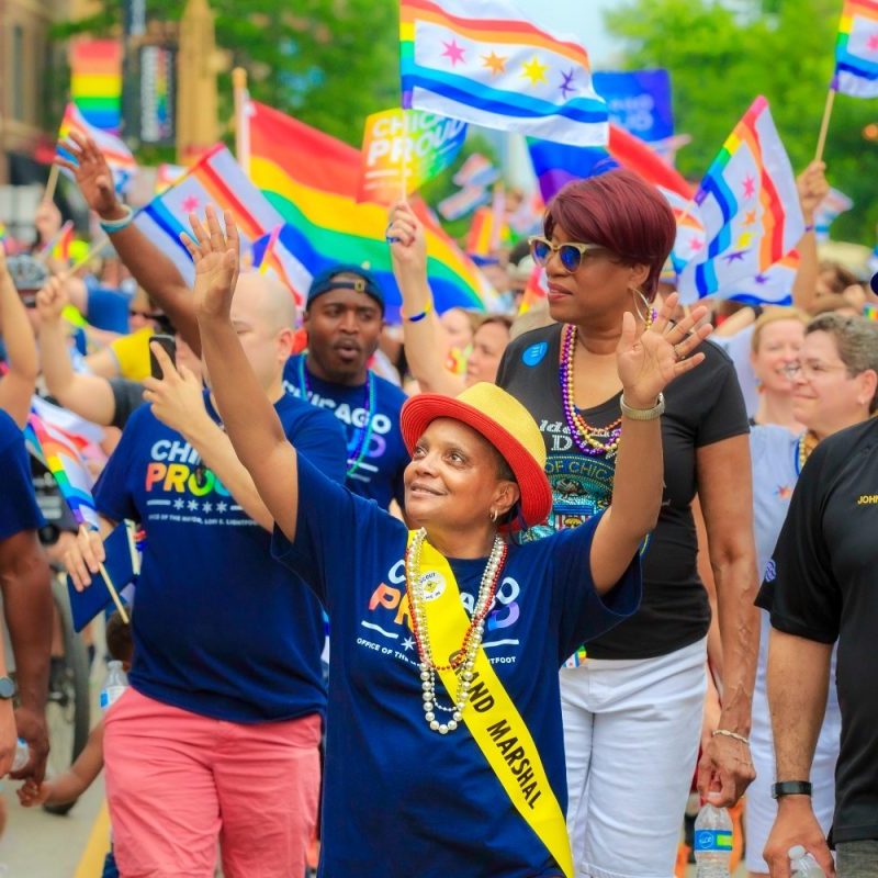 Lori Lightfoot, the first openly LGBT mayor of Chicago, marching in the 2019 Chicago Pride Parade
