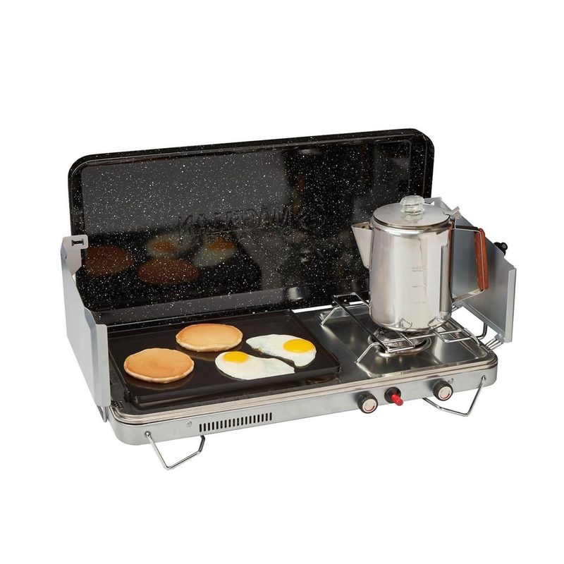 Magellan Outdoors Two-Burner Stove with Griddle from Academy Sports for camping.
