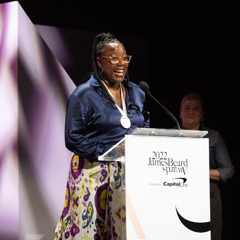 Chef Mashama Bailey receiving her 2022 James Beard Award for Outstanding Chef