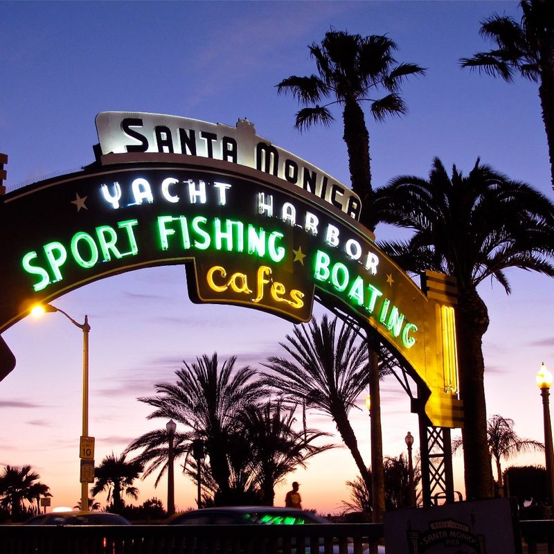The entrance to the world-famous Santa Monica Pier after sunset