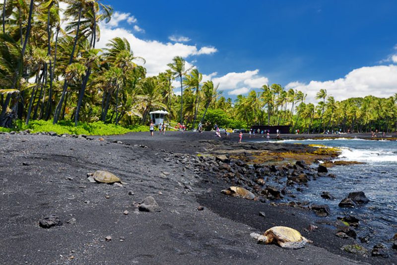 Crowds of people walking the black sands of Punaluu Black Sand Beach on Hawaii's Big Island.