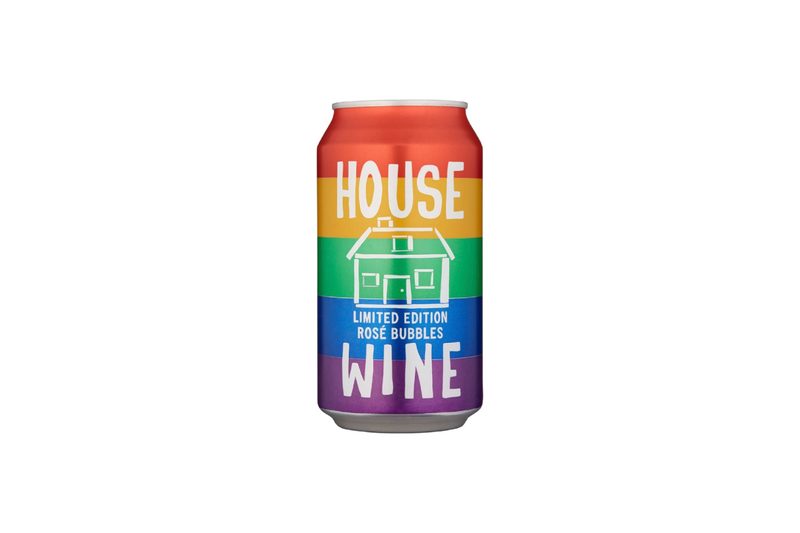 A can of House Wine rainbow bubbles
