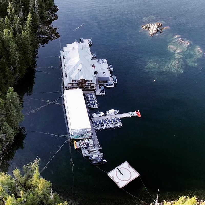 An aerial shot of King Pacific Lodge in British Columbia