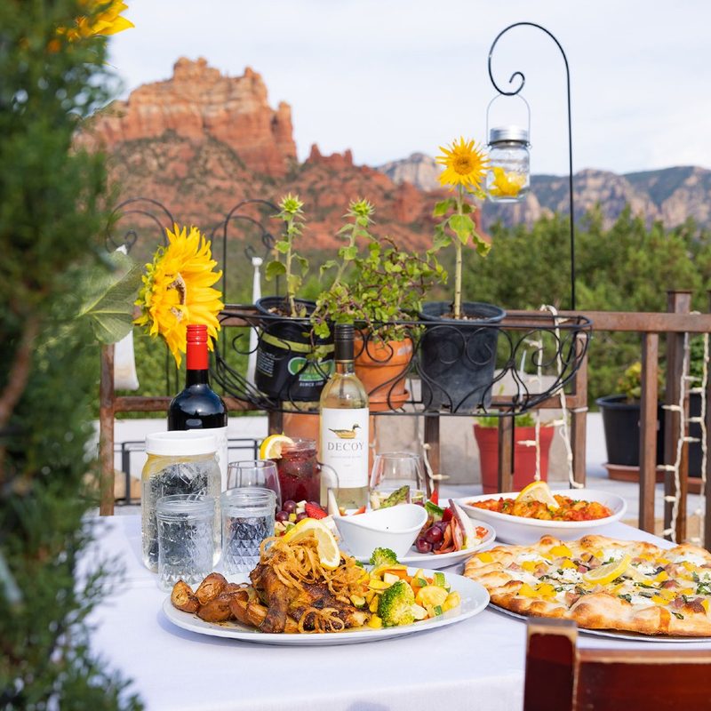 Food on the table at the patio at Hideaway House Sedona.