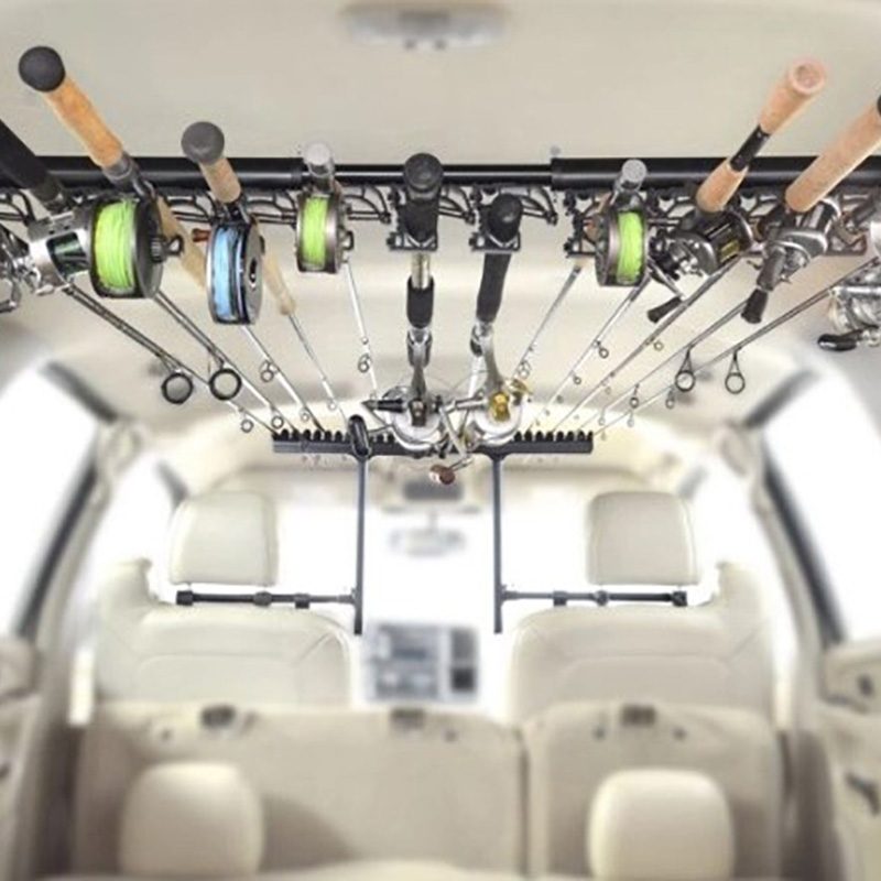 RodMounts Rod-Up Rod Rack mounted to the interior roof of a vehicle.