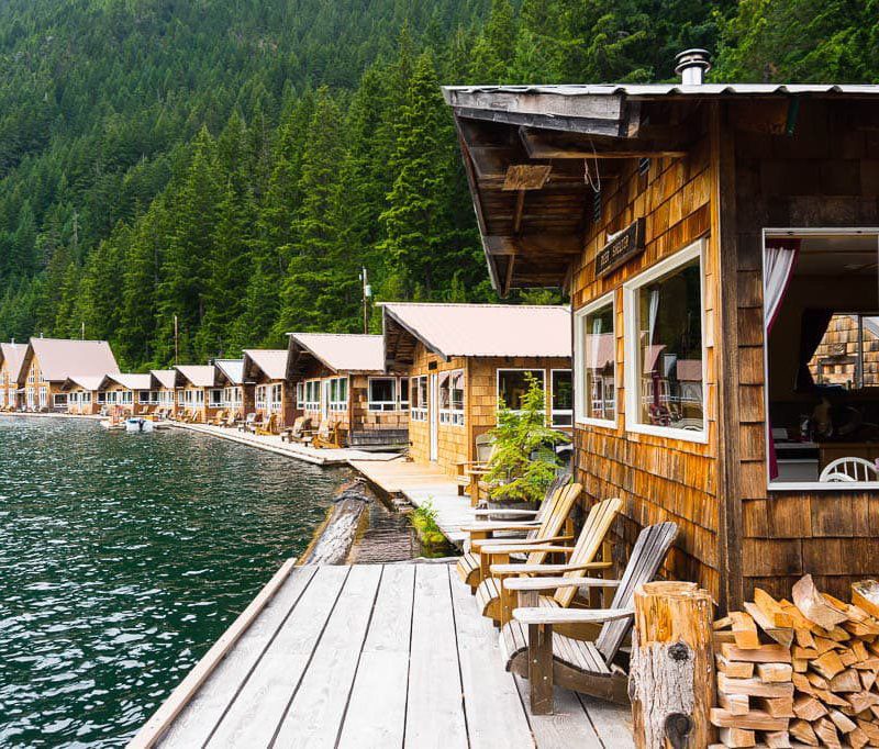 The stretch of cabins at Ross Lake Resort in Washington state