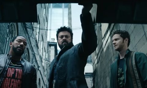 Hughie, Butcher, and Mother's Milk look down into a mysterious car trunk in "The Boys"