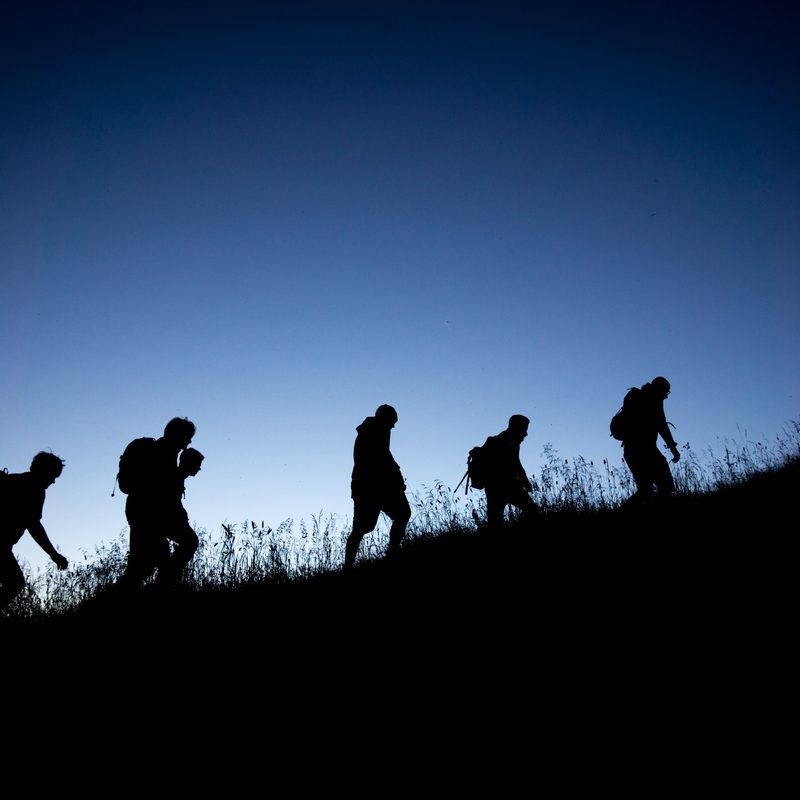 Silhouetted people walk under the moonlight