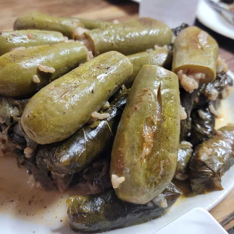 A plate of homemade dolmas at a Galileat dinner in Maghar, Israel.
