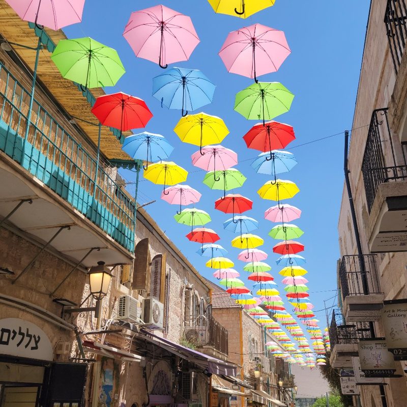 The famous "Umbrella Street" in Jerusalem, Israel.