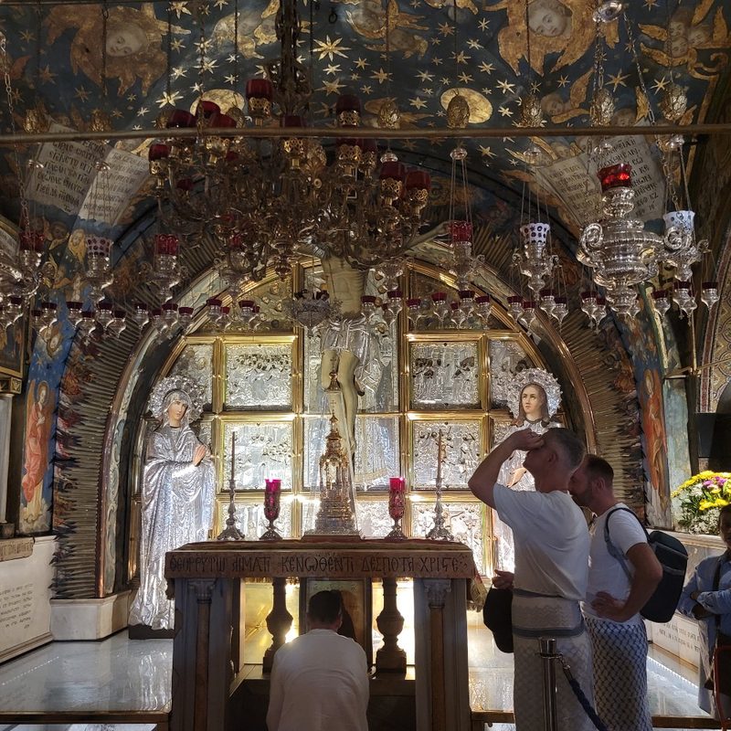 A group of worshippers inside the Church of the Holy Sepulchre in Jerusalem's Old City.