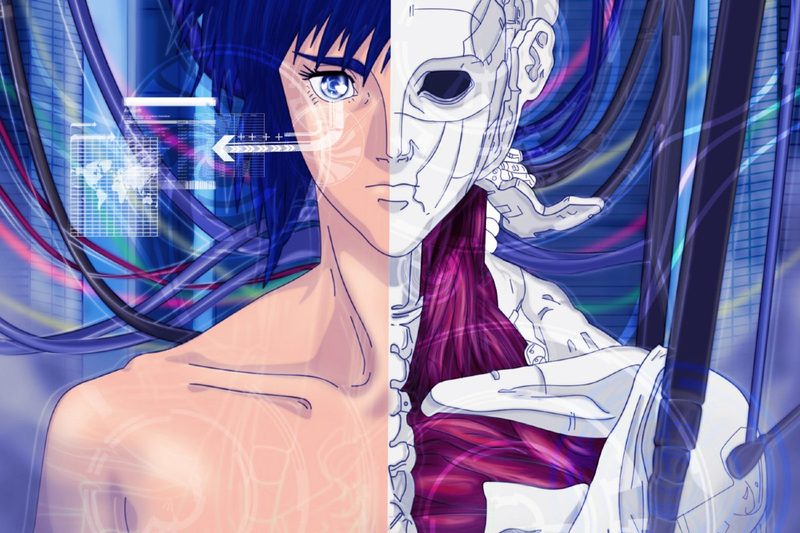 A 'Ghost In the Shell' anime character is broken down into skin, bone, and muscle