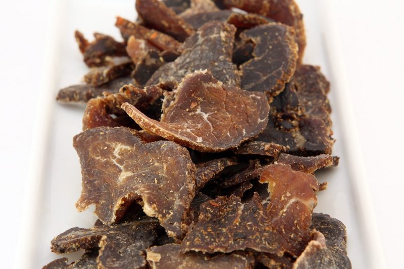 A plate of homemade biltong jerky