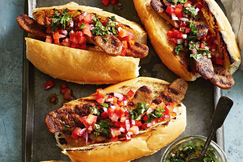 Choripán sandwiches and chimichurri sauce