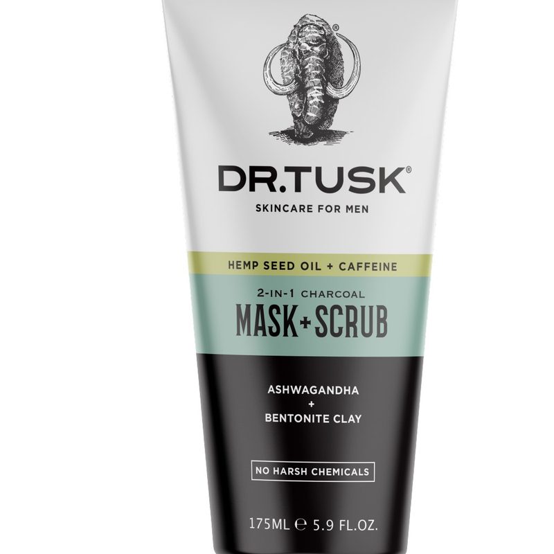 A close-up of the Dr. Tusk 2-in-1 Charcoal Mask + Scrub