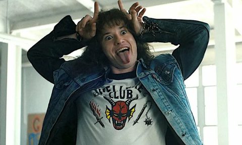 Eddie Munson showing off fake horns, mocking the 1980s satanic panic