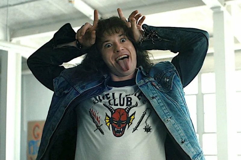 Eddie Munson showing off fake horns, mocking the 1980s satanic panic