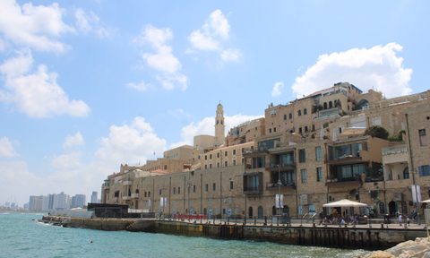 A view of Jaffa Port, with the contemporary Tel Aviv (Israel) skyline in the background.