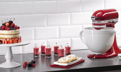 KitchenAid Stand Mixer next to various aesthetic desserts