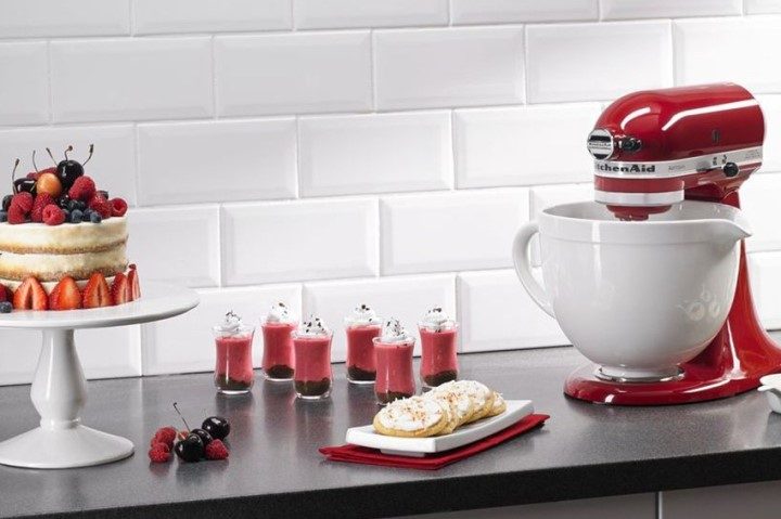 KitchenAid Stand Mixer next to various aesthetic desserts