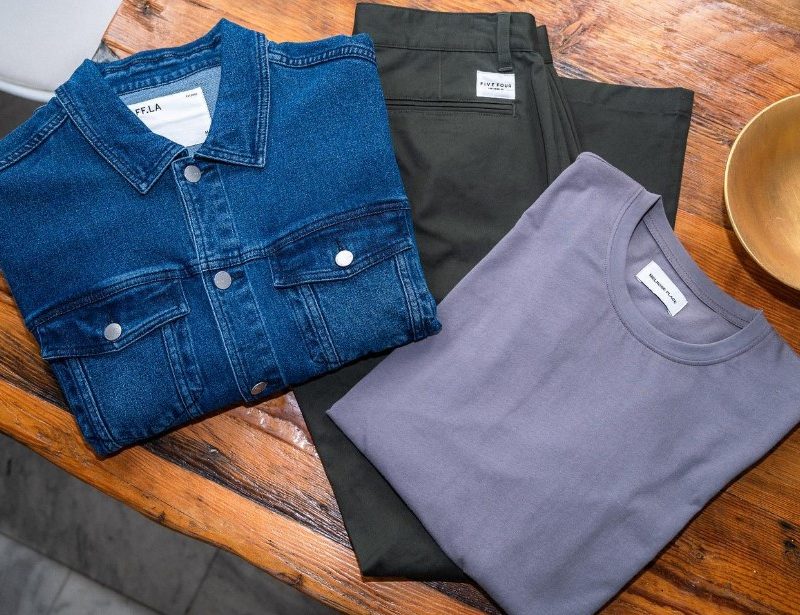 A denim shirt, T-shirt, and pants from Menlo Club