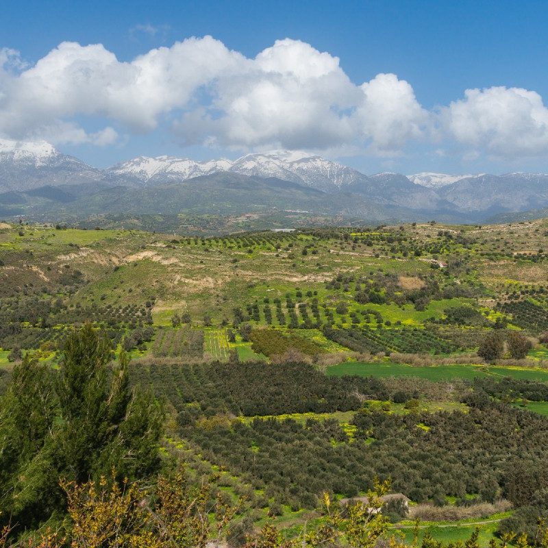 The Messara Valley leading out to the Mount Ida chain in Crete, Greece