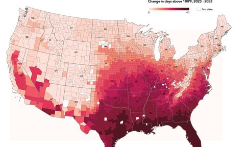 Change in days above 100°F, 2023 to 2053.