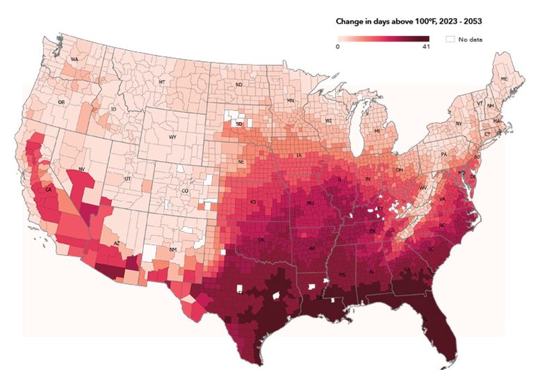 Change in days above 100&deg;F, 2023 to 2053.