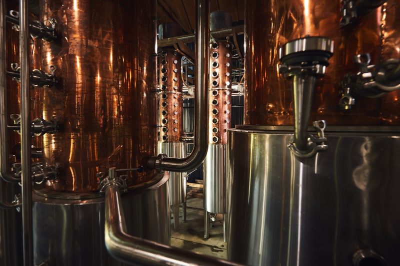 Pot stills at the Preservation Distillery.
