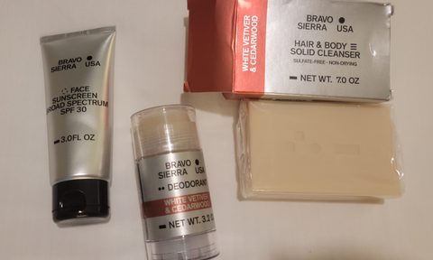 A close-up of Bravo Sierra grooming products.