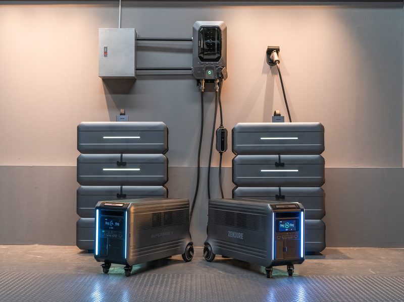 Zendure SuperBase V in front of Satellite Extra Batteries stacked.