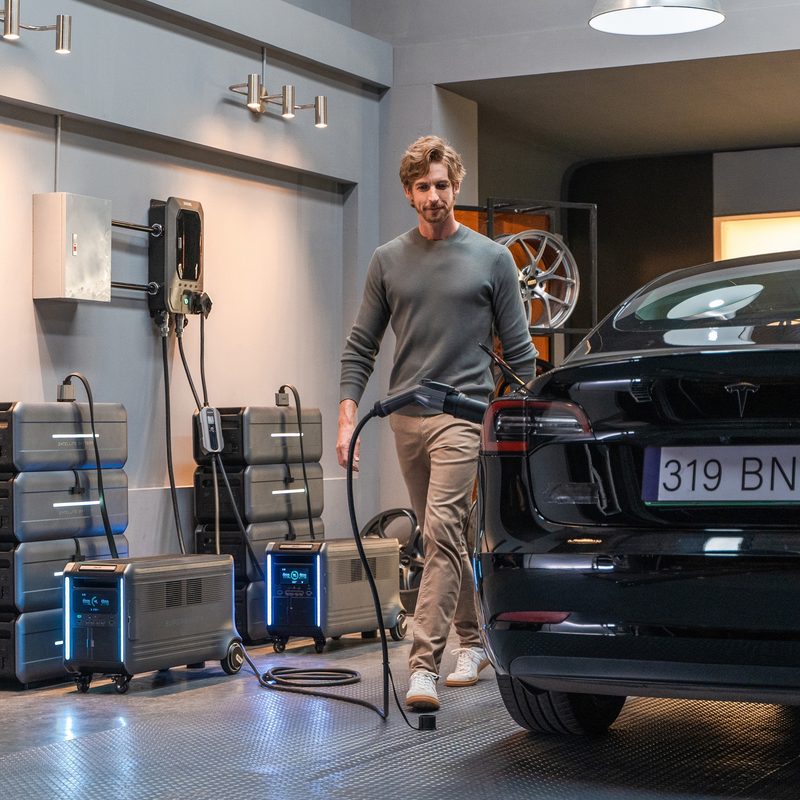Zendure being used to charge EV vehicle with batteries attached in garage.